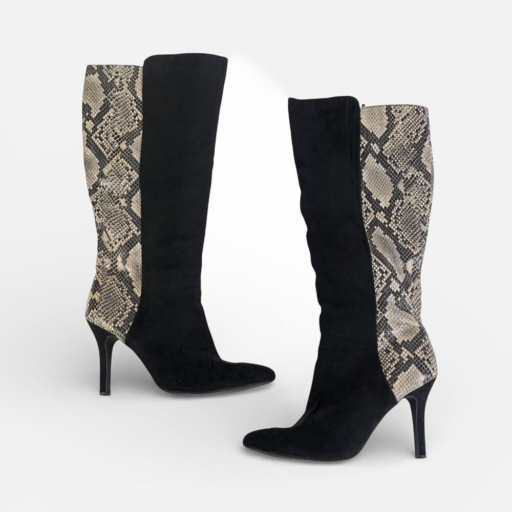 Diba East Faux Snakeskin Suede Western Tall Heeled Stiletto Boots Sz 9